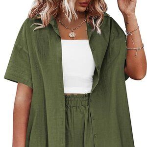 IN'VOLAND 2 Piece Tracksuit Outfits Sets Cotton Linen Short Sleeve Shirt Set 18W